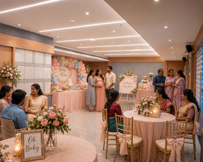 Baby shower celebration setup at Orchid Conference Hall in Kottayam