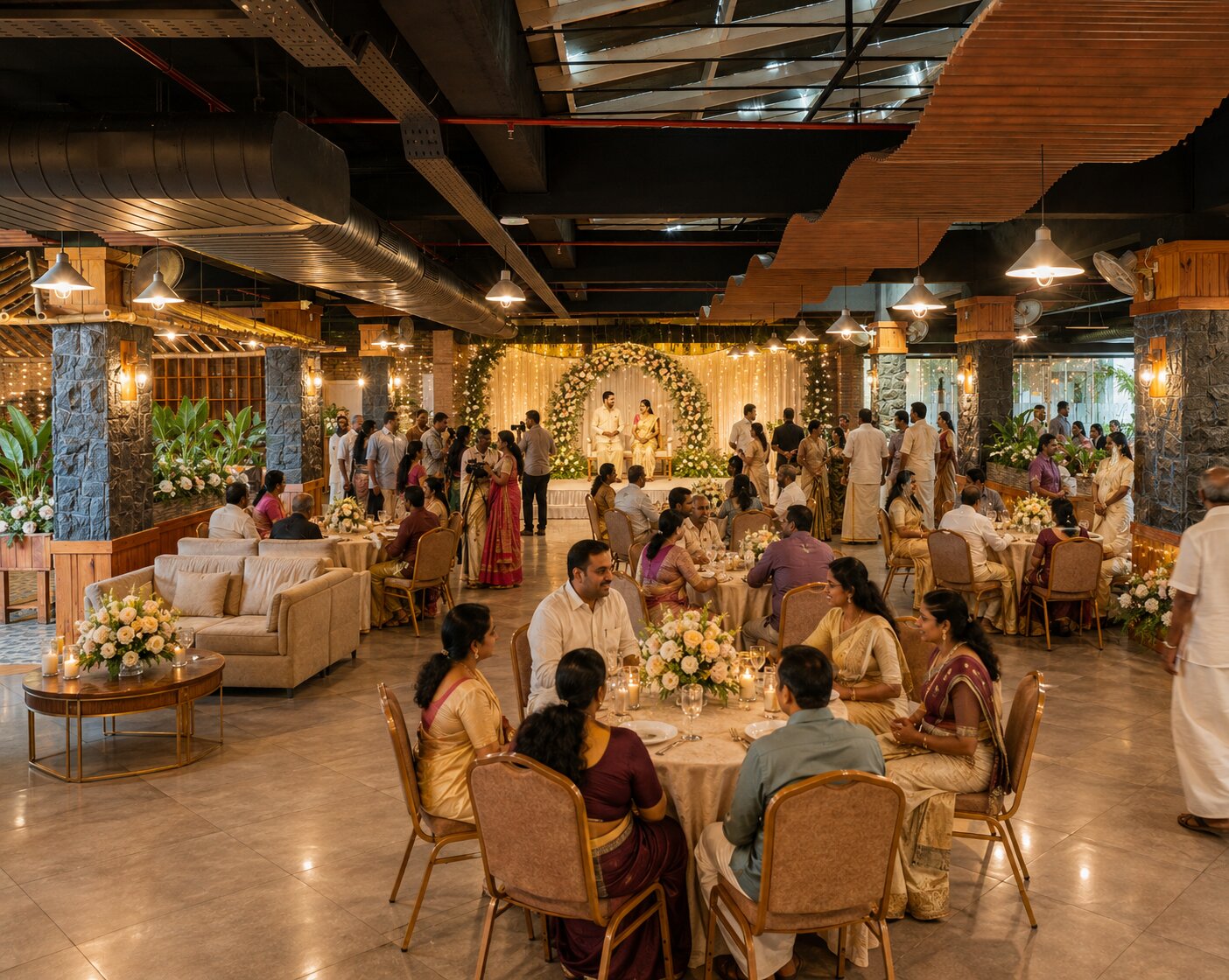 Wedding reception setup at Courtyard Banquet Hall in Kottayam